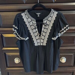 Lauren Ralph Lauren Black Blouse with White Embroidery